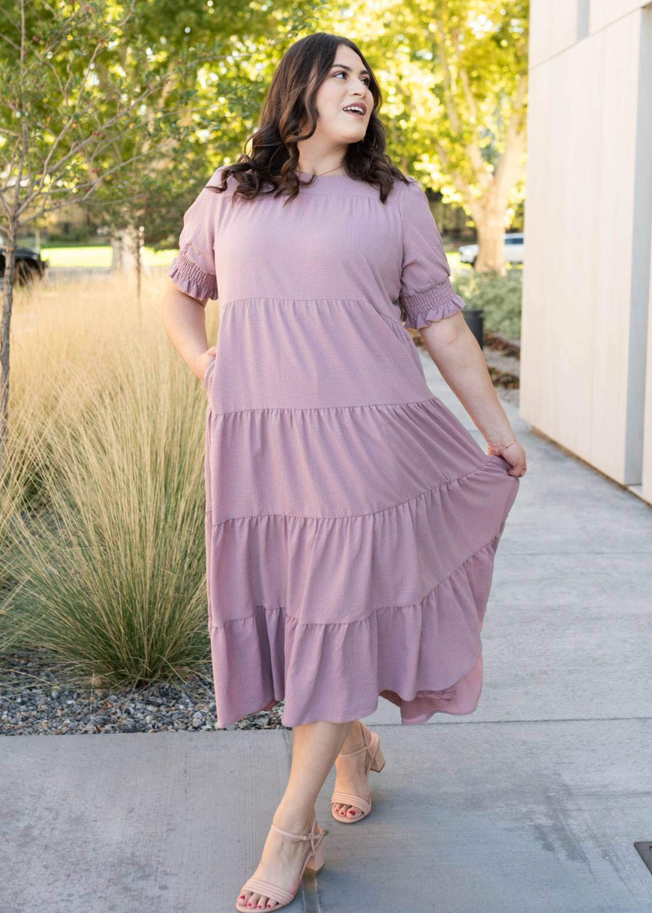 Plus size tiered dusty lilac dress