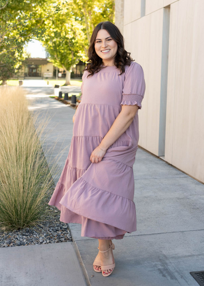 Short sleeve tiered dusty lilac dress