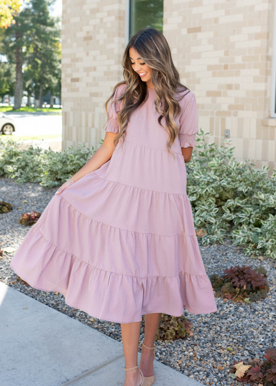 Short sleeve tiered dusty lilac dress