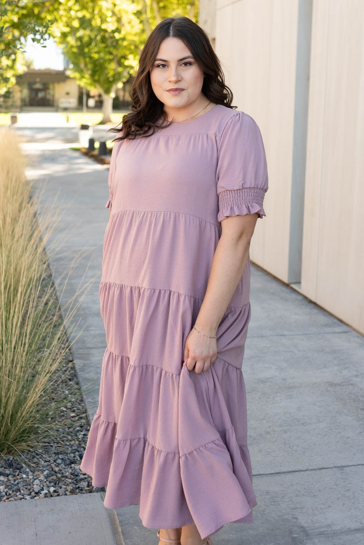 Plus size tiered dusty lilac dress with  elastic on the sleeves