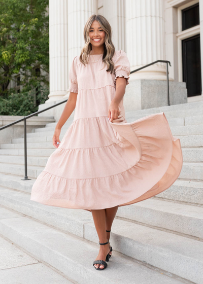 Short sleeve tiered taupe dress