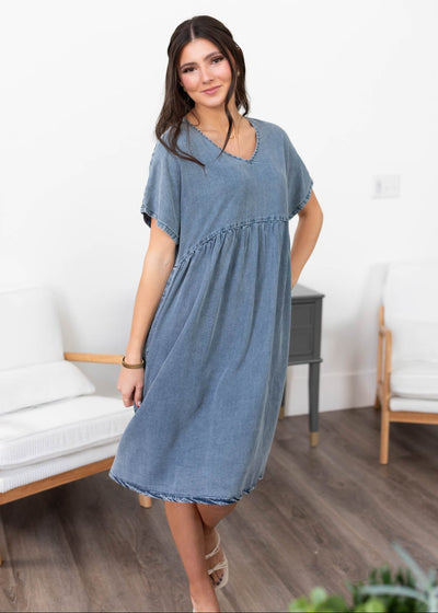 Denim blue dress with short sleeves