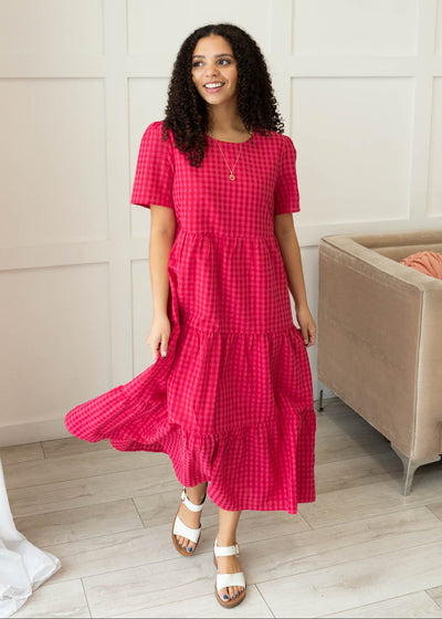 Pink and hot pink gingham tiered dress