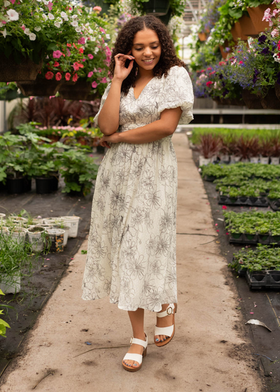 Jenelle Ivory Black Floral Print Dress