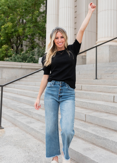 Black puff sleeve sweater top with short sleeves