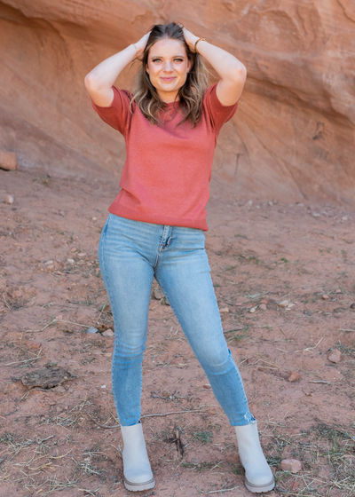 Heather rust puff sleeve sweater top with short sleeves