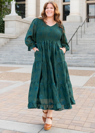 Dark green floral dress with pockets in plus size