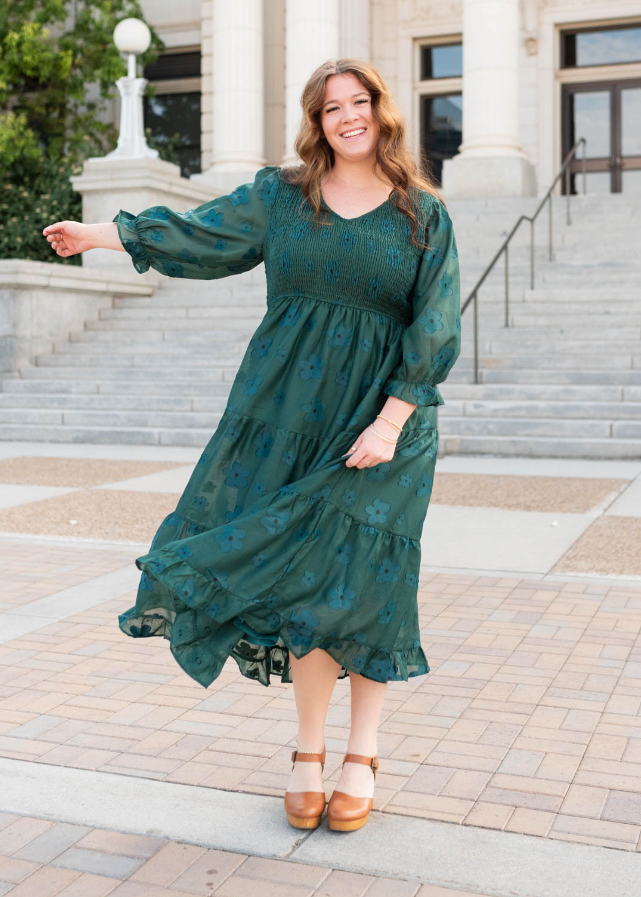 Long sleeve dark green floral dress