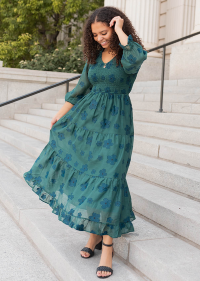 Smocked bodice dark green floral dress