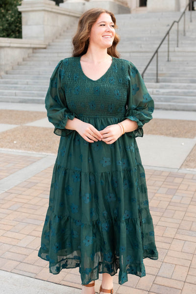 Plus size dark green floral dress with tiered skirt