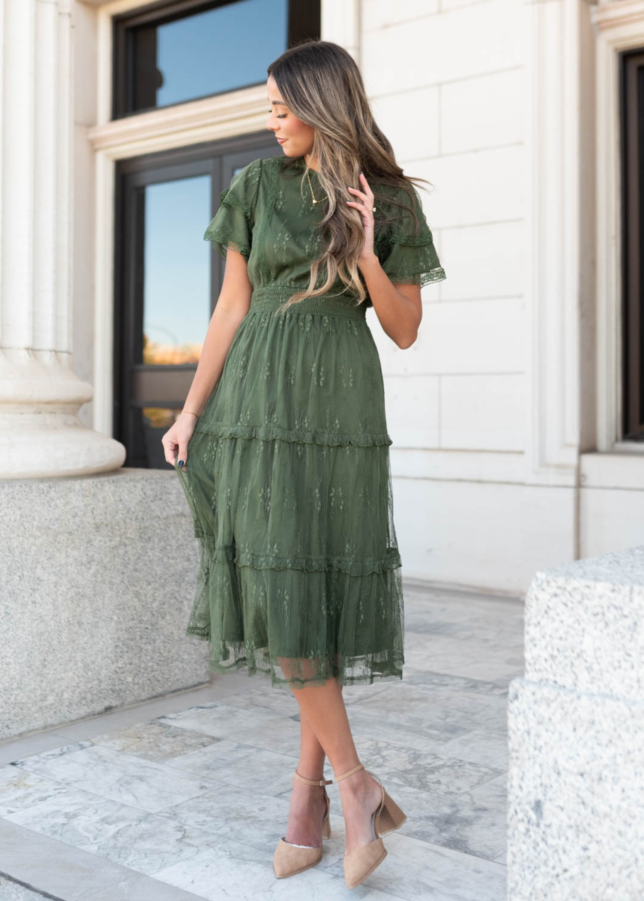 Dark green floral lace dress