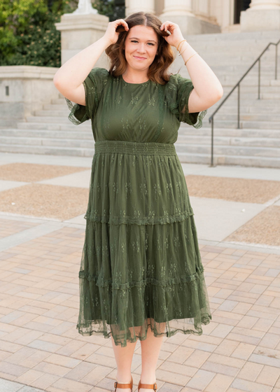 Short sleeve plus size dark green floral lace dress