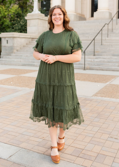 Plus size dark green floral lace dress