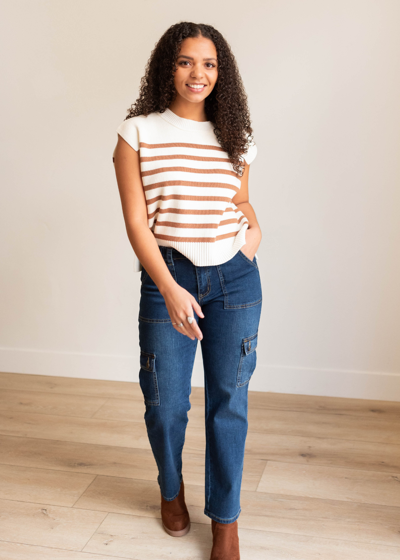 Mocha stripe sweater vest with cap sleeves