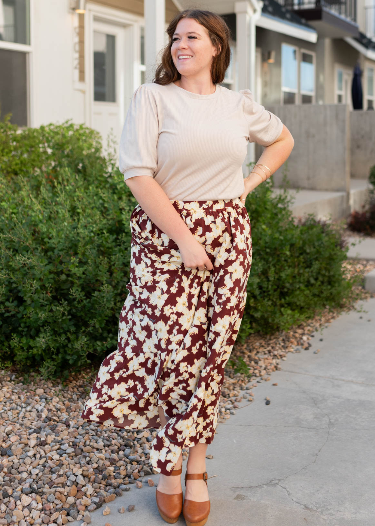 Tiered plus size burgundy multi floral skirt