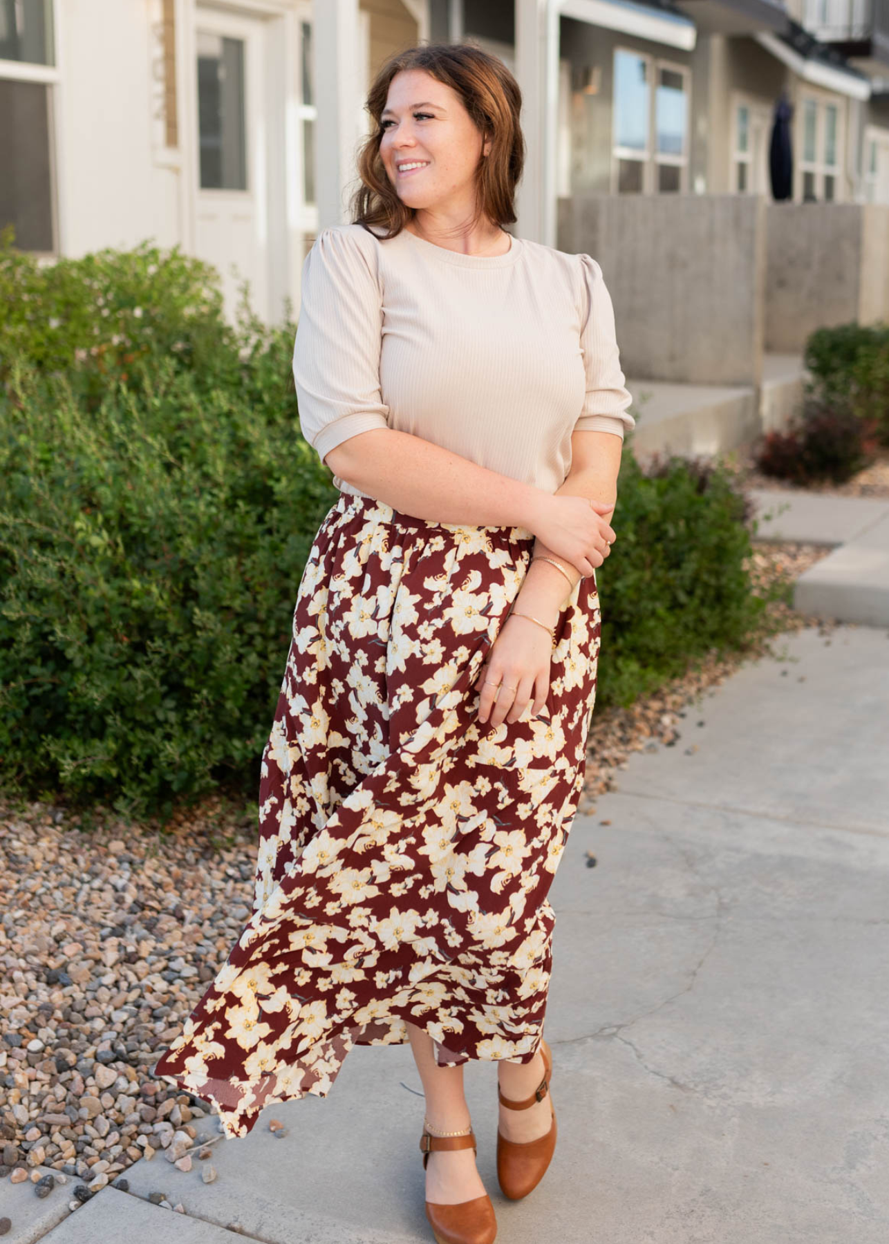 Burgundy multi floral skirt in t-length