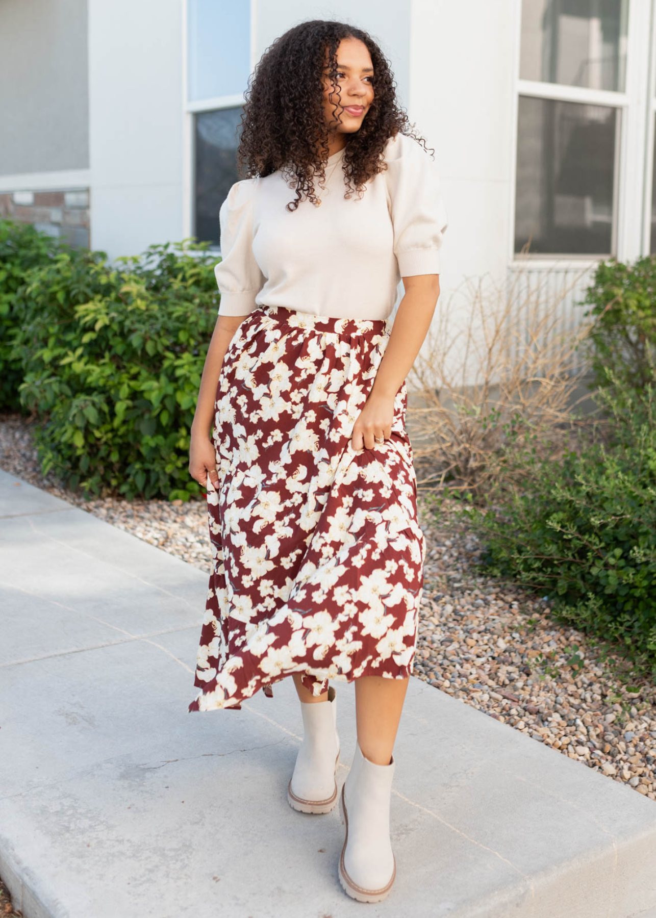 Burgundy multi floral skirt with ivory flowers