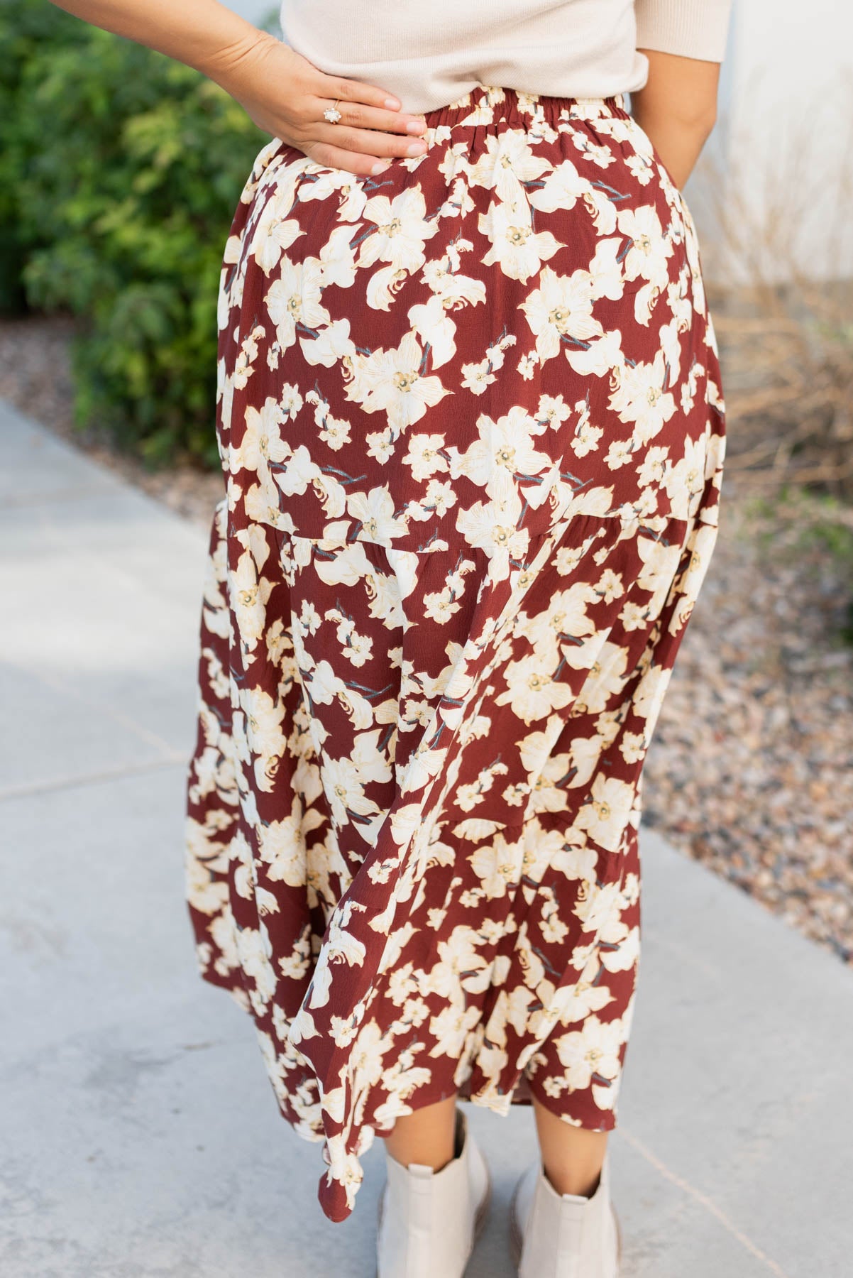 Back view of the burgundy multi floral skirt