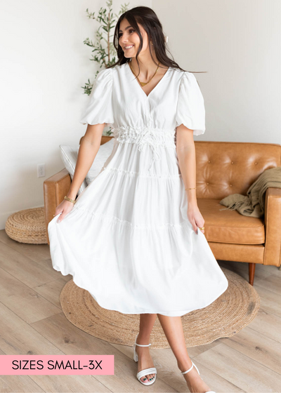 Ivory vneck dress with ruffled elastic waist