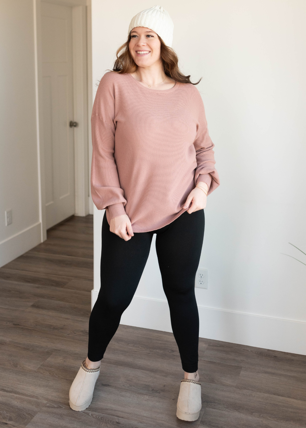 Balloon sleeve dusty rose waffle long sleeve top in plus size