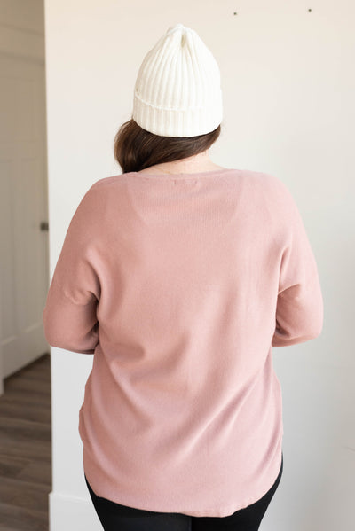 Back view of the plus size dusty rose waffle long sleeve top