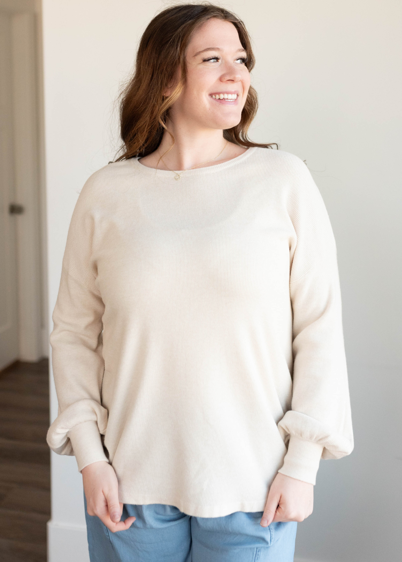 Front view of the oatmeal waffle long sleeve top in plus size