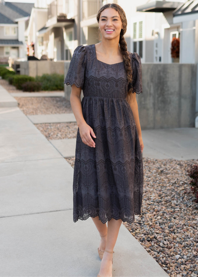 Short sleeve charcoal embroidered dress