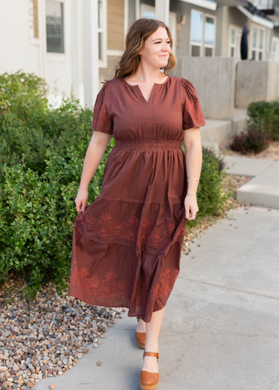 Plus size burgundy embroidered detail dress with short sleeves