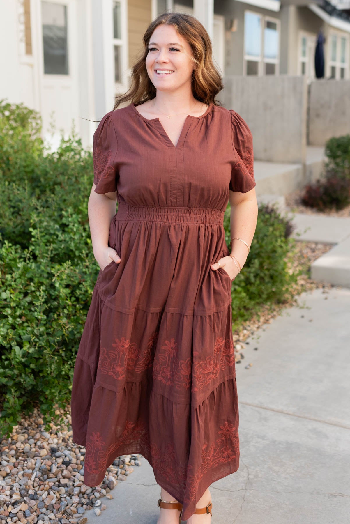 Plus size burgundy embroidered detail dress with elastic waist and pockets