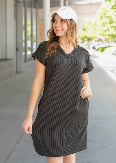 Above the knee charcoal ribbed t-shirt dress
