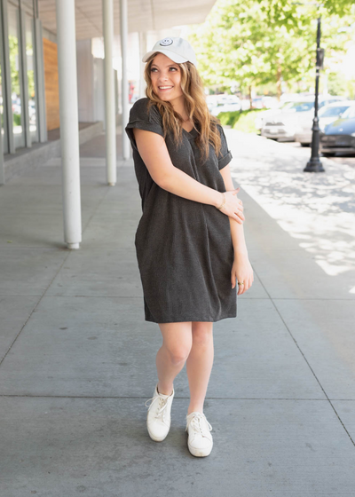 Charcoal ribbed t-shirt dress with pockets