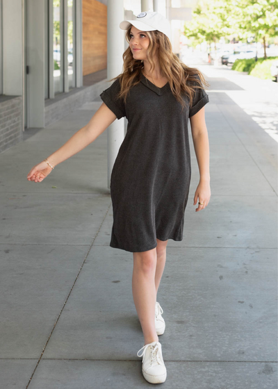 Short sleeve charcoal ribbed t-shirt dress