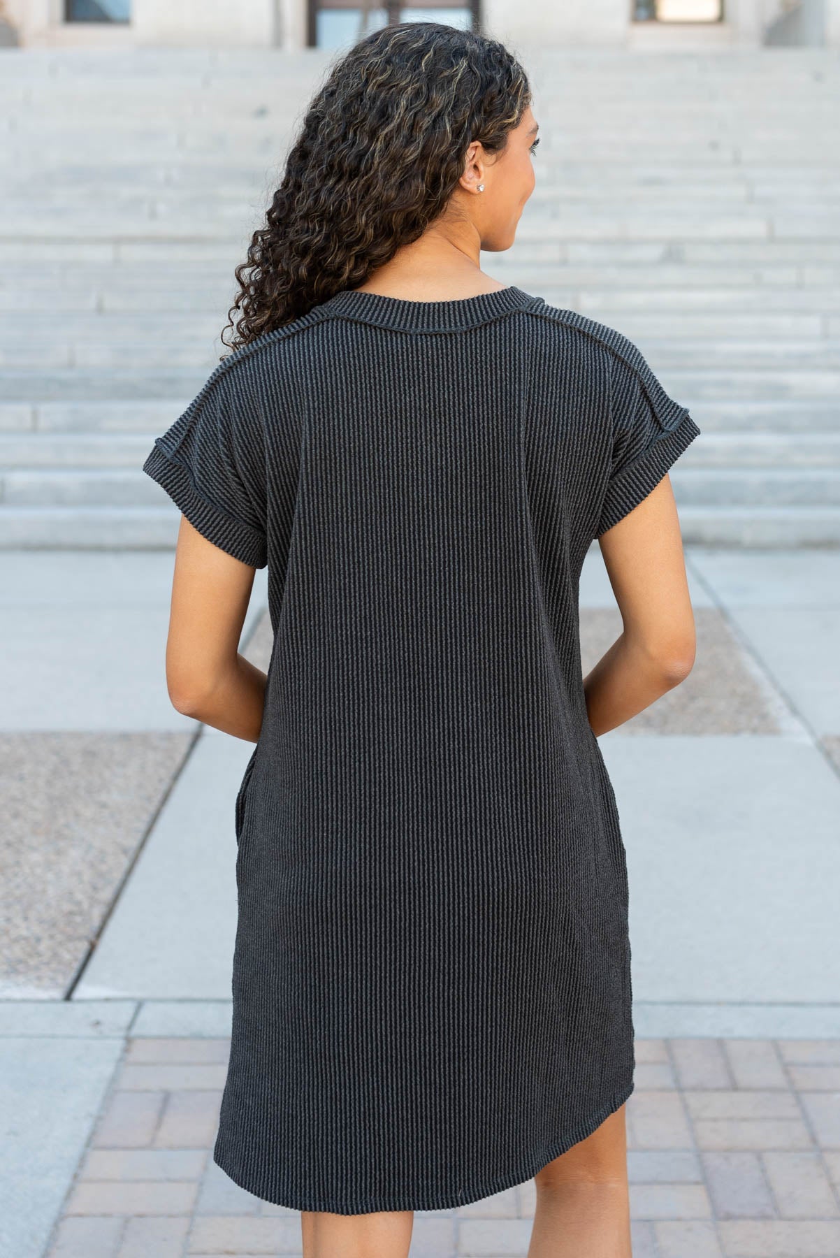 Back view of the charcoal ribbed t-shirt dress