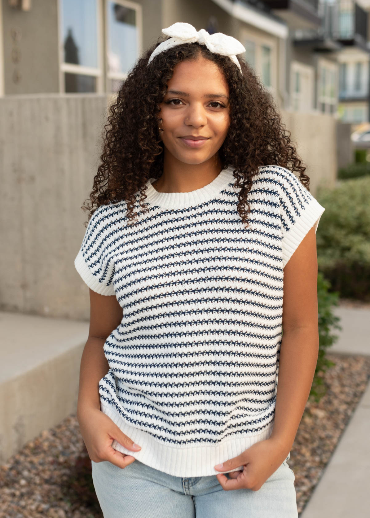 Blue stripe sweater top with crop sleeves