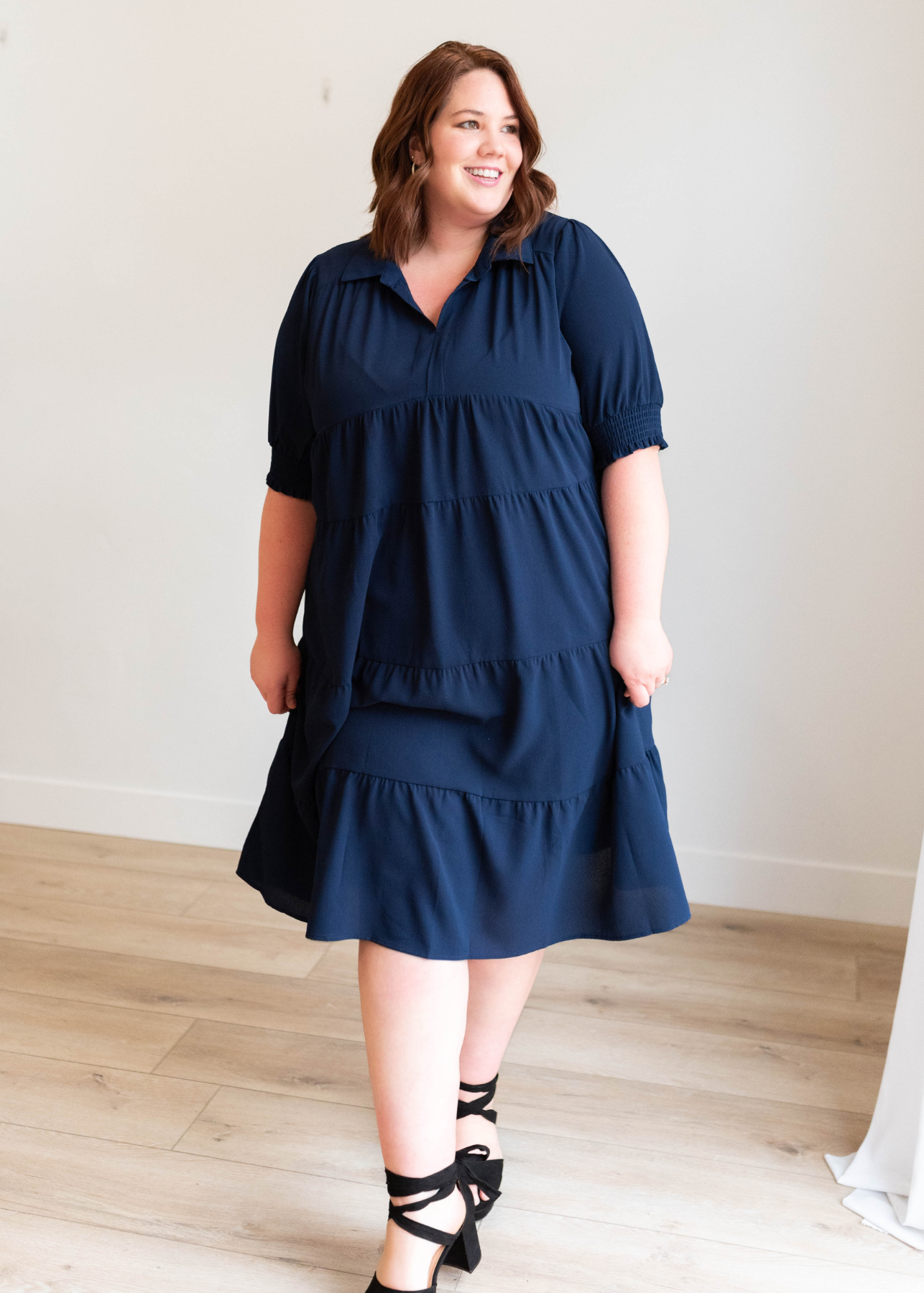 Plus size navy collared tiered dress