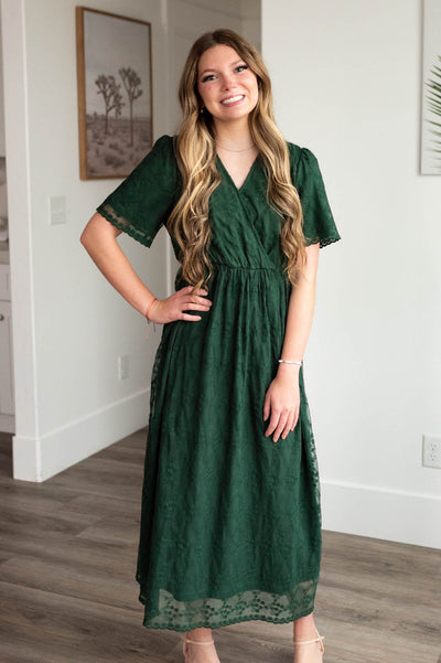 Short sleeve hunter green lace floral dress