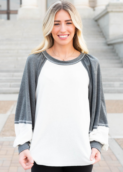 Ruffle sleeve charcoal block pullover