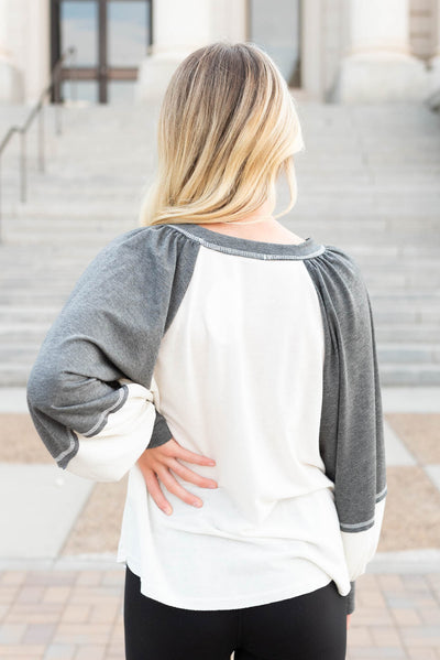 Back view of the charcoal block pullover