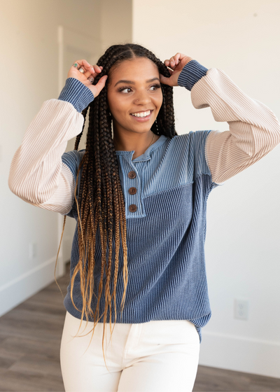 Dark denim color block top with long sleeves