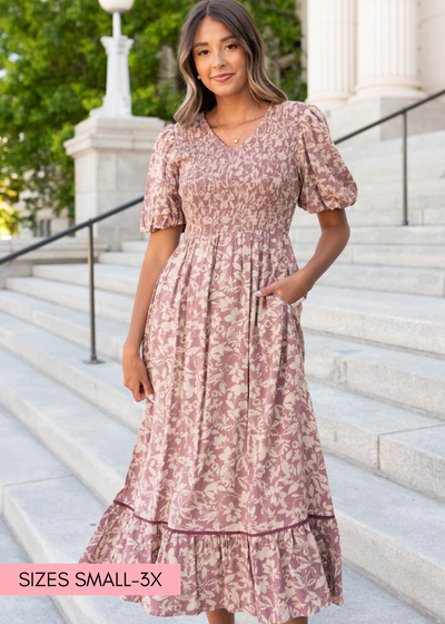 Dusty plum floral dress with a smocked bodice