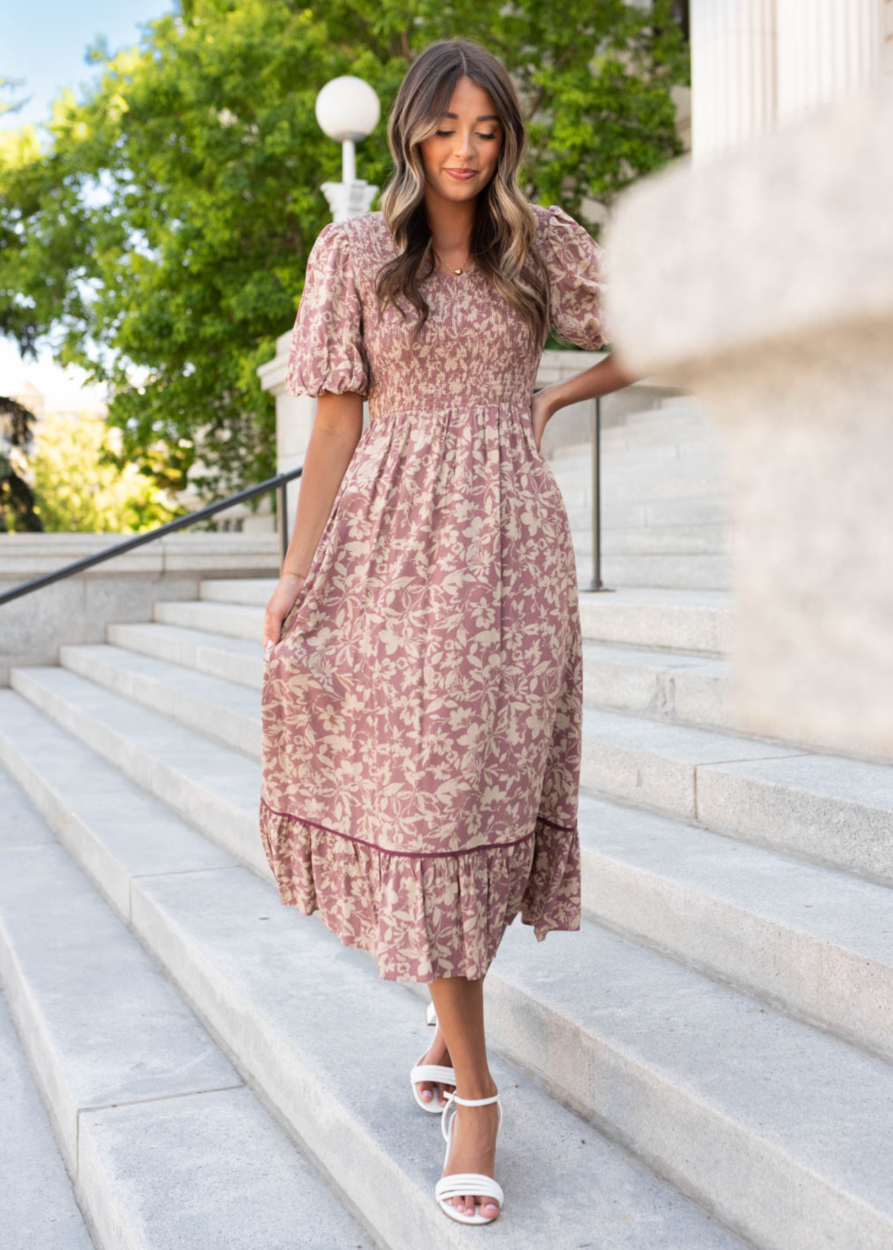 Dusty plum floral dress with short sleeves