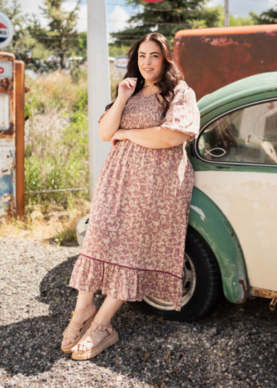 Plus size dusty plum floral dress with short sleeves