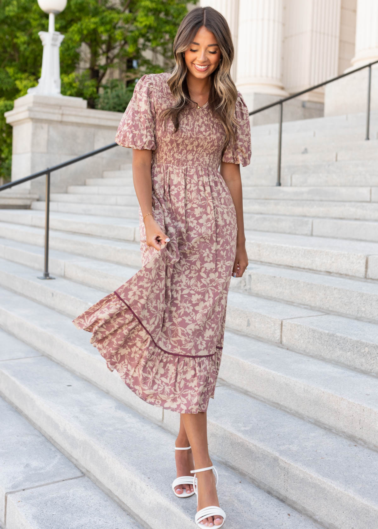 Short sleeve dusty plum floral dress