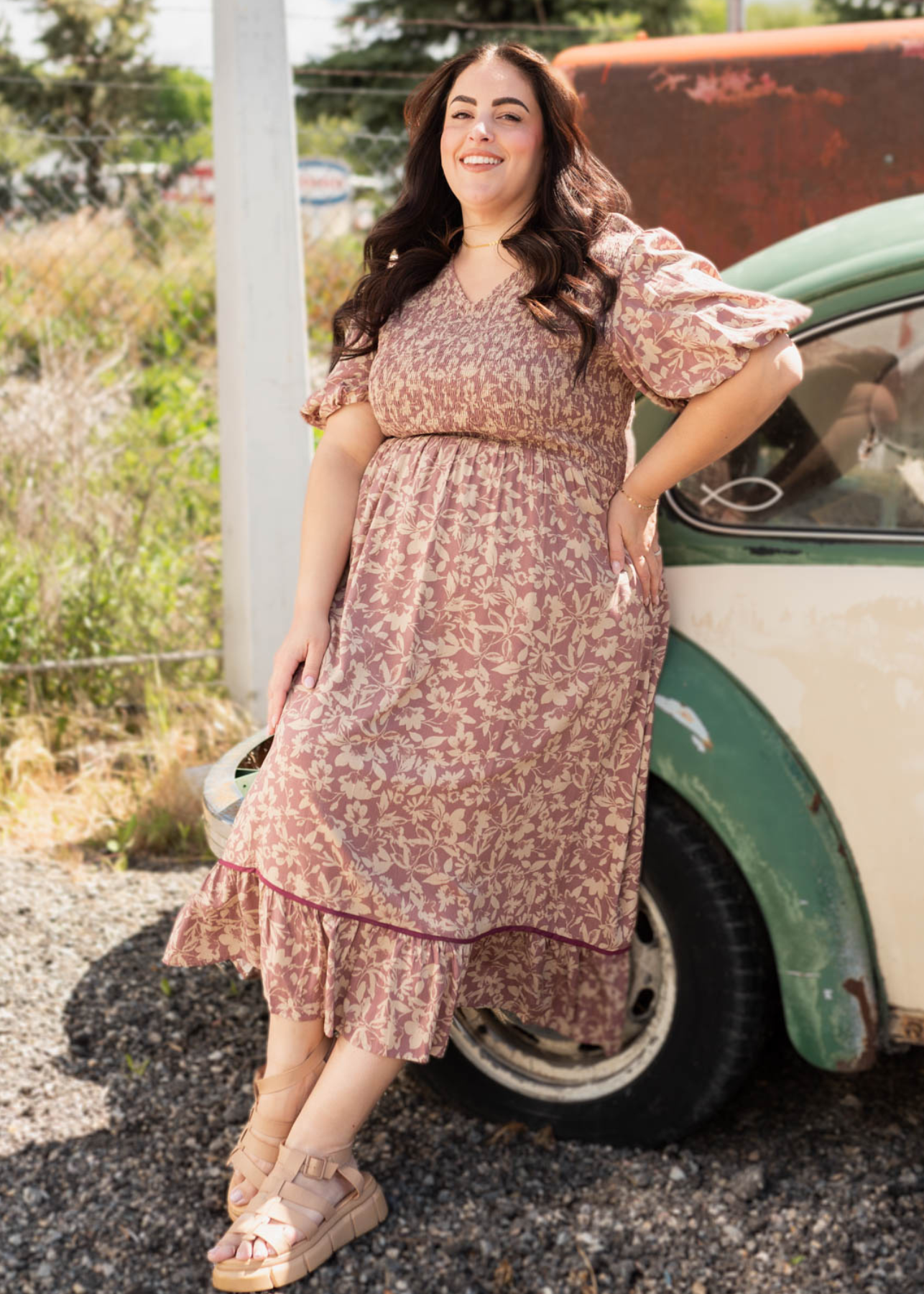 Short sleeve dusty plum floral dress with plus size