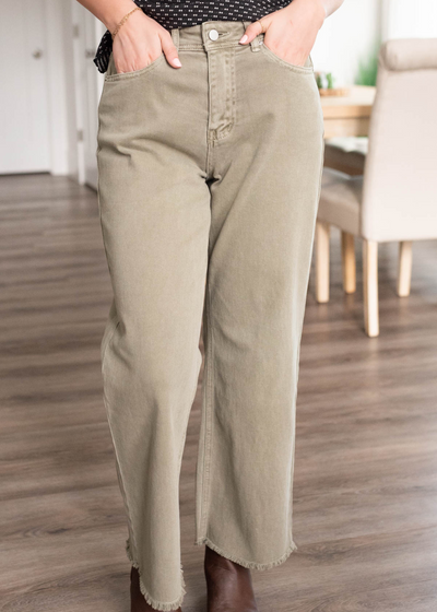 Olive wide leg pants with frayed hem