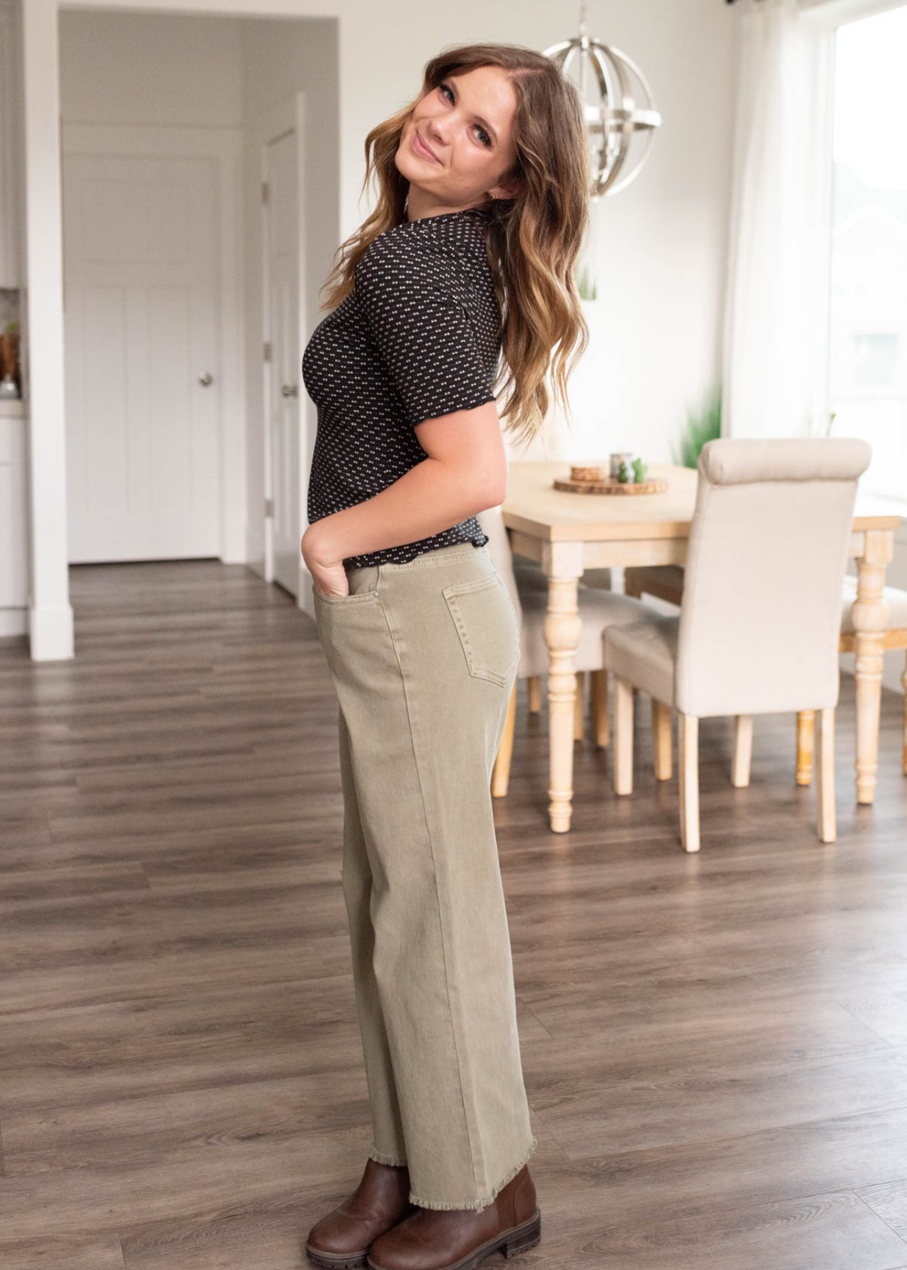 Side view of the olive wide leg pants