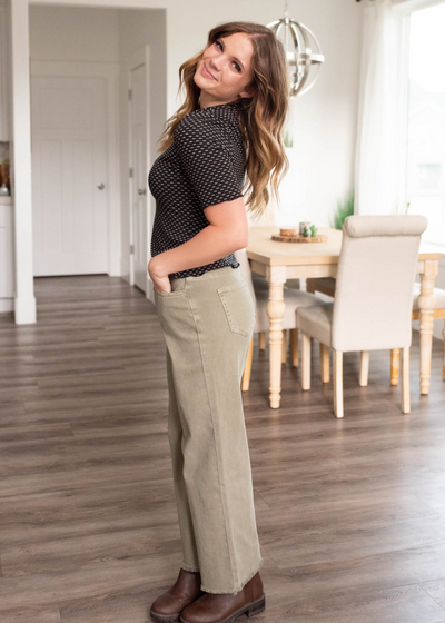 Side view of the olive wide leg pants