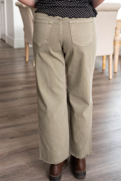 Back view of the olive wide leg pants