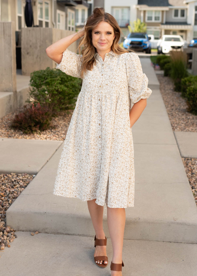 Taupe floral button dress