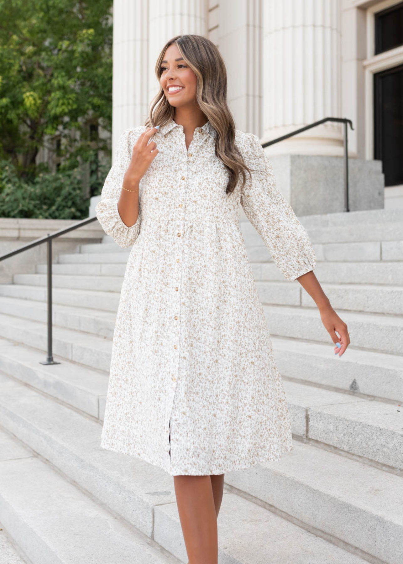 Taupe floral button dress